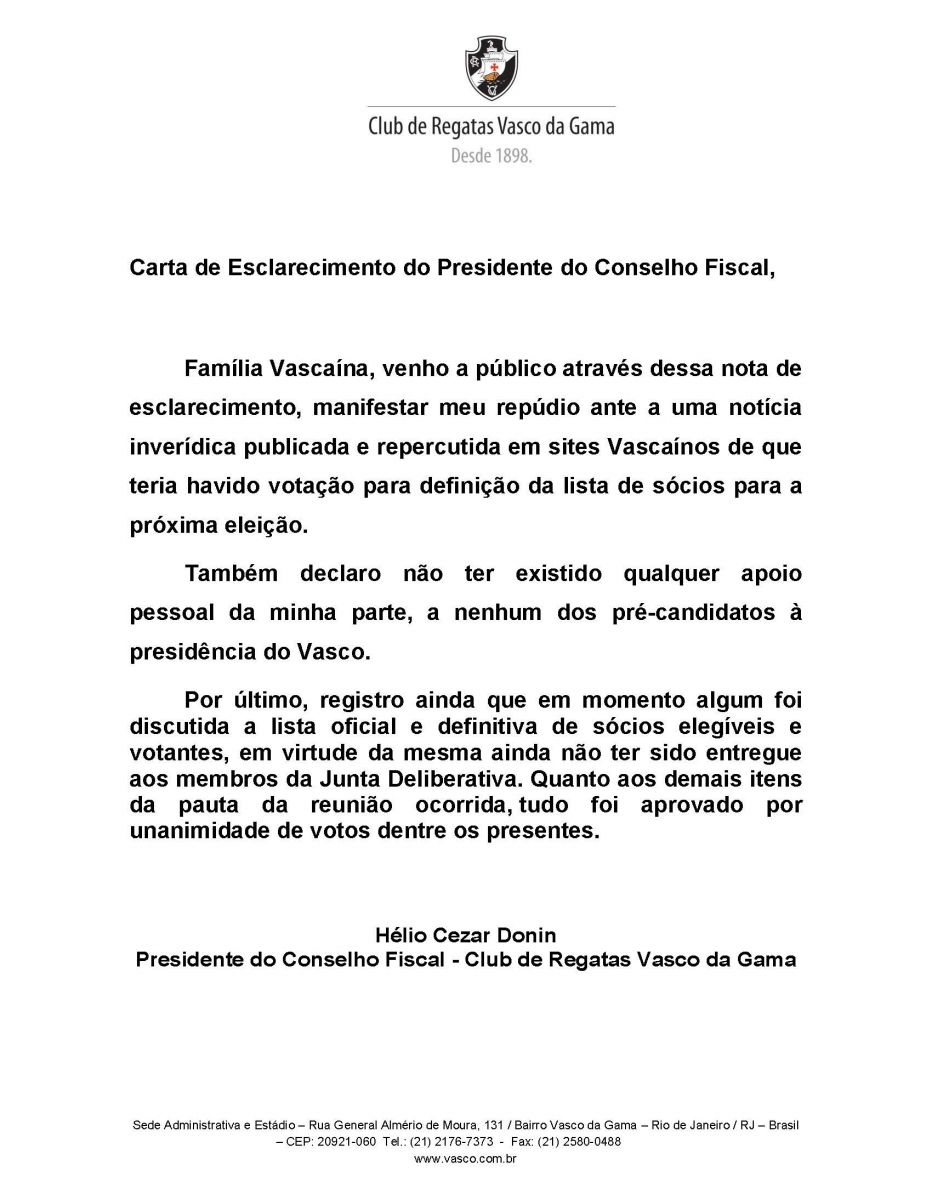 Presidente do Conselho Fiscal emite carta de 